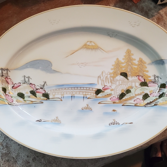 kutani Other - Vintage Kutani Japan porcelain hand-painted large oval serving platter with gold